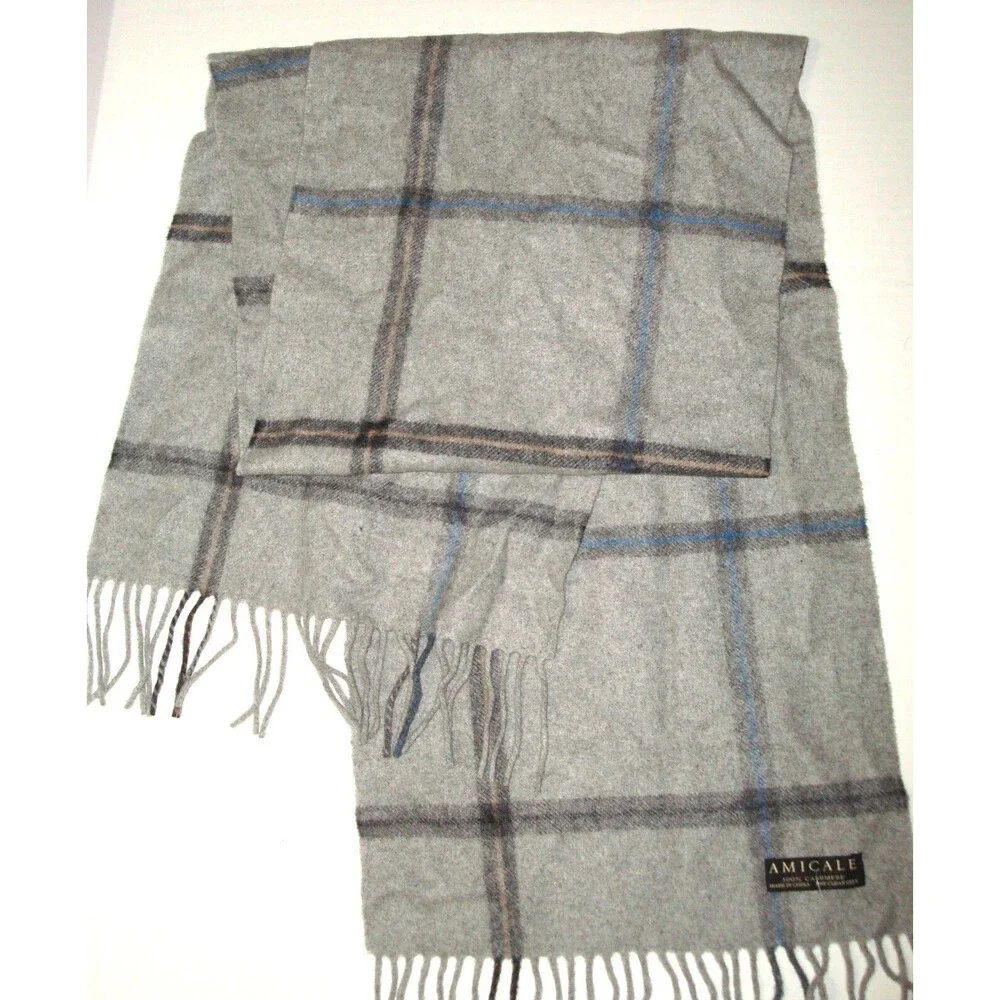 New Amicale 100% Cashmere Scarf Mens Womens 60 x 12 Gray Blue Black Fringe Tan